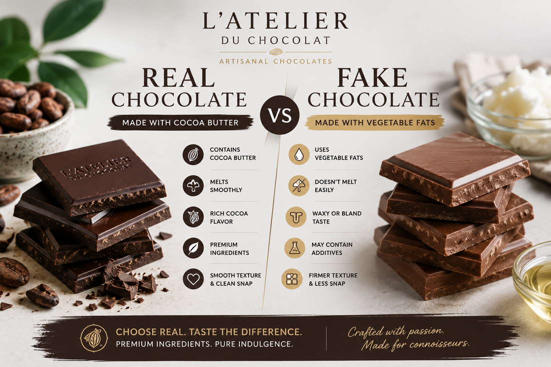 Real chocolate vs fake chocolate comparison showing cocoa butter and vegetable fat chocolates by Atelier du Chocolat bar