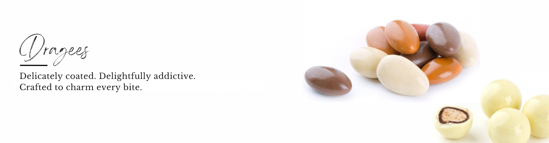 Atelier du Chocolat premium dragées collection banner featuring sugar-coated artisan chocolates for gifting and online purchase