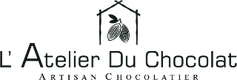Logo of L'Atelier Du Chocolat with a house and cocoa bean illustration on a white background.
