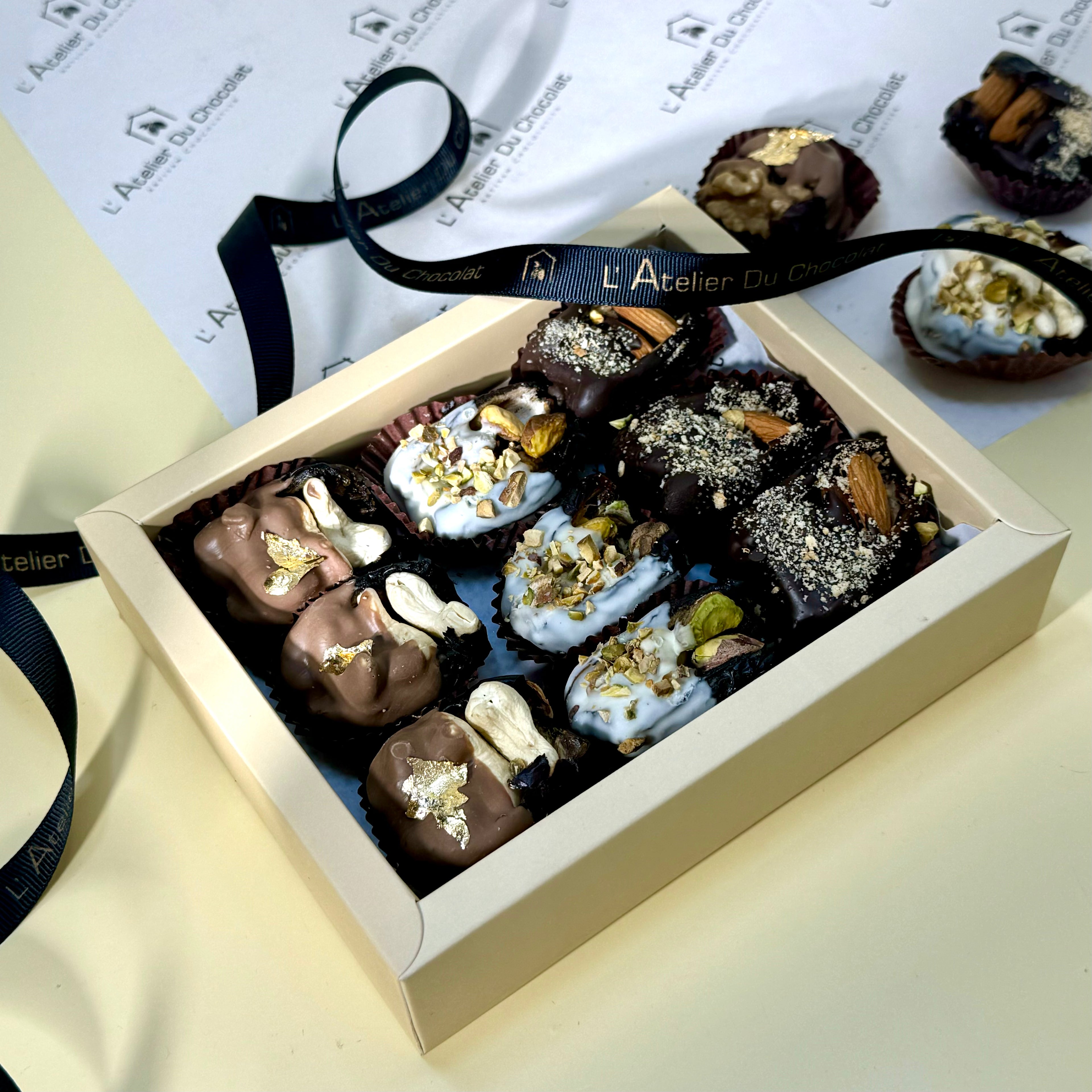 Luxury semi dipped dates Mumbai featuring stuffed dates with nuts and chocolate for festive gifting occasions